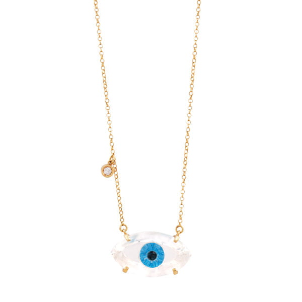 Colar Olho Grego Quartzo Branco e Topázio Azul Ouro Amarelo