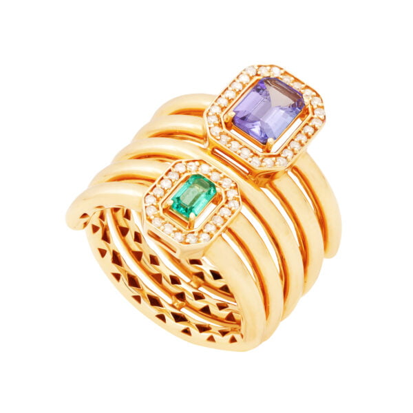 Anel Charn de Esmeralda Tanzanita e Brilhantes